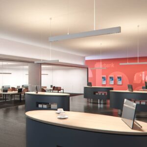 Svítidlo ERCO bílá (RAL 9002)/clona proti oslnění stříbrná vysoký lesk hliník/plast