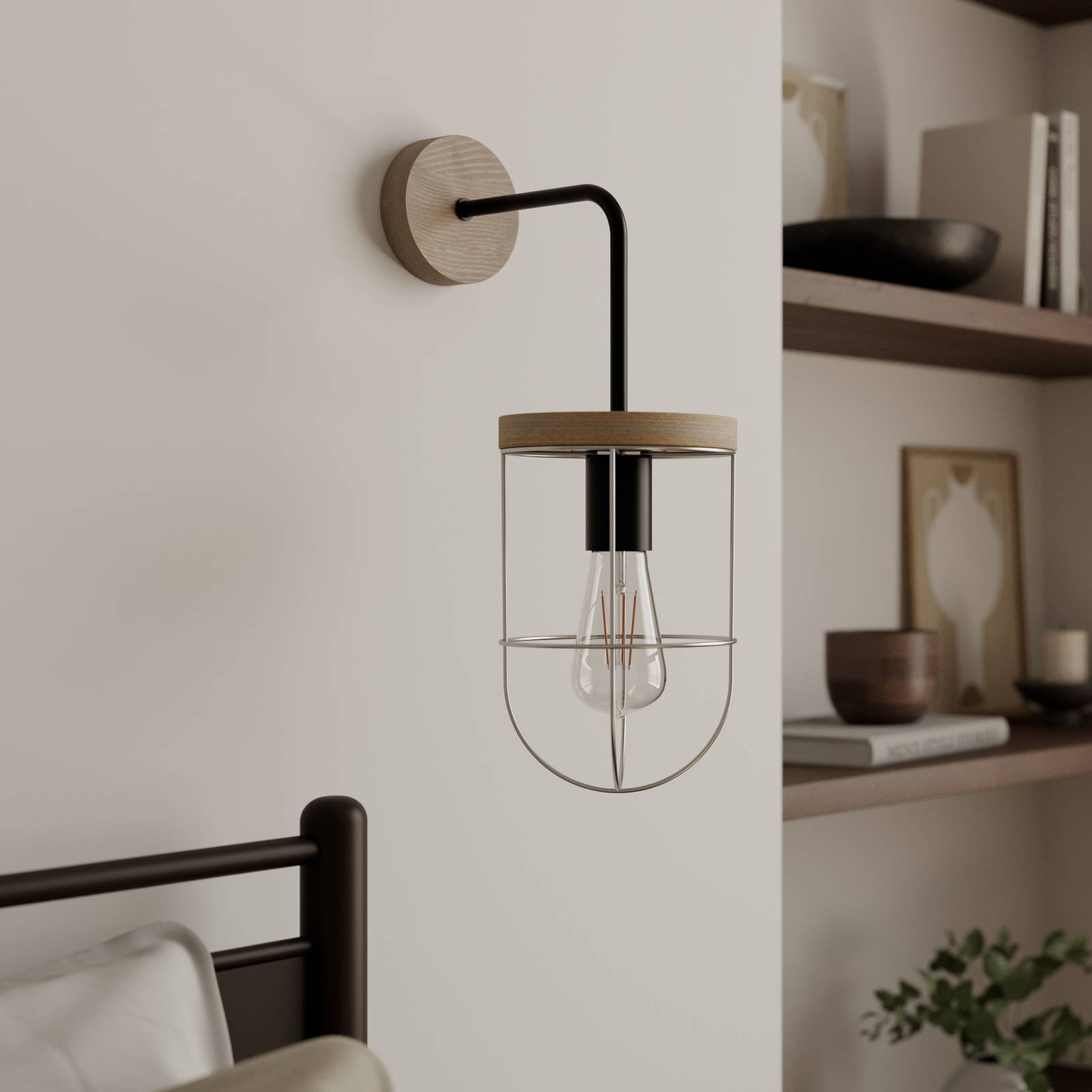 Envostar Nástěnné svítidlo Neptuna ve tvaru lucerny, Obývací pokoj / jídelna, Borovicové dřevo, kov, textil, E27, 15W, L: 15 cm, K: 40cm - Image 2