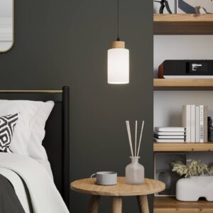 Svítidlo Envostar černá/světlé dřevo/bílá kov/textil/dubové dřevo naolejované/sklo