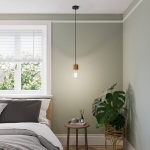 Svítidlo Envostar černá/světlé dřevo kov/textil/borovicové dřevo mořené