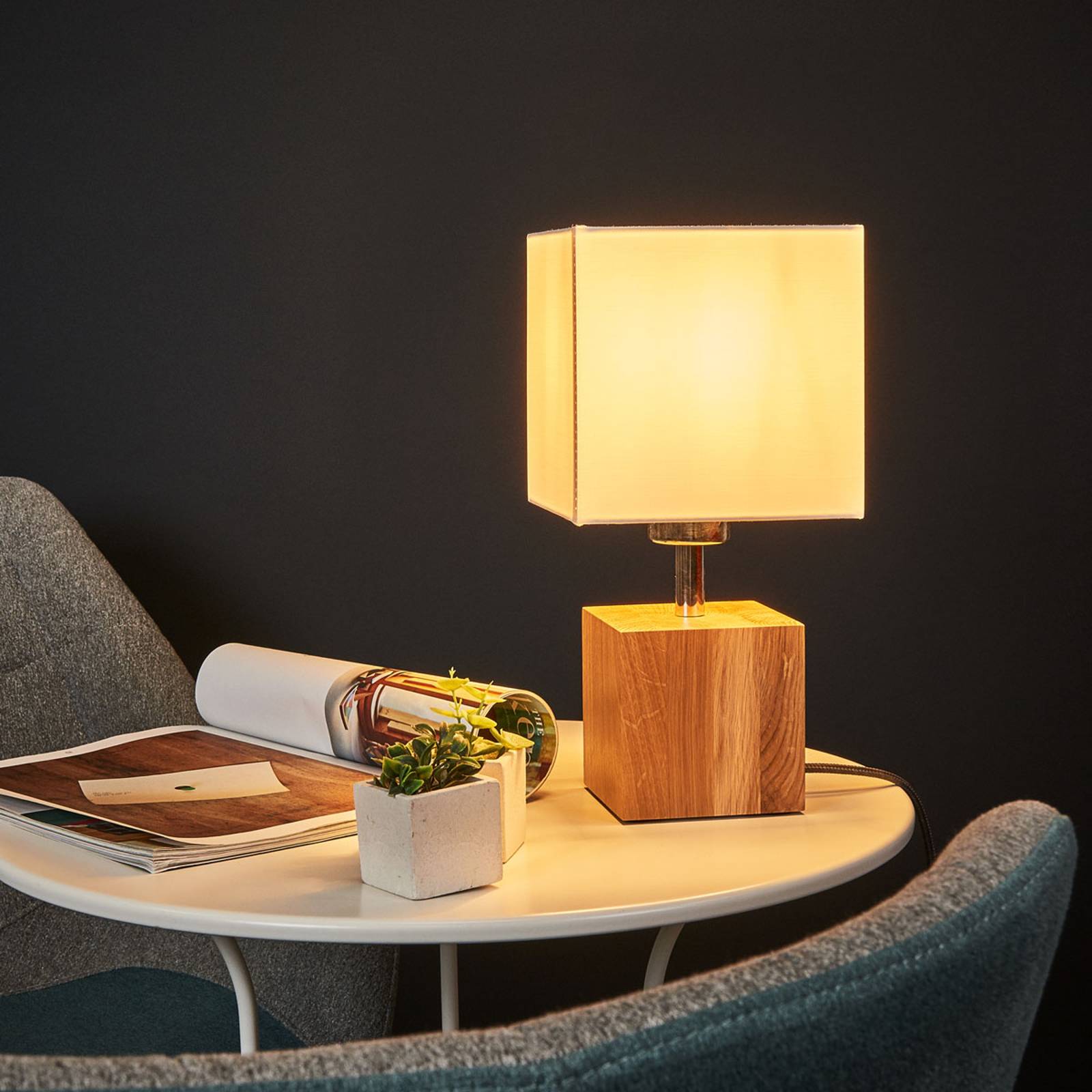 Spot-Light Stolní lampa Trongo krychle olejovaná stínidlo, Obývací pokoj / jídelna, textil, dřevo, kov, E27, 60W, K: 31cm - Image 3