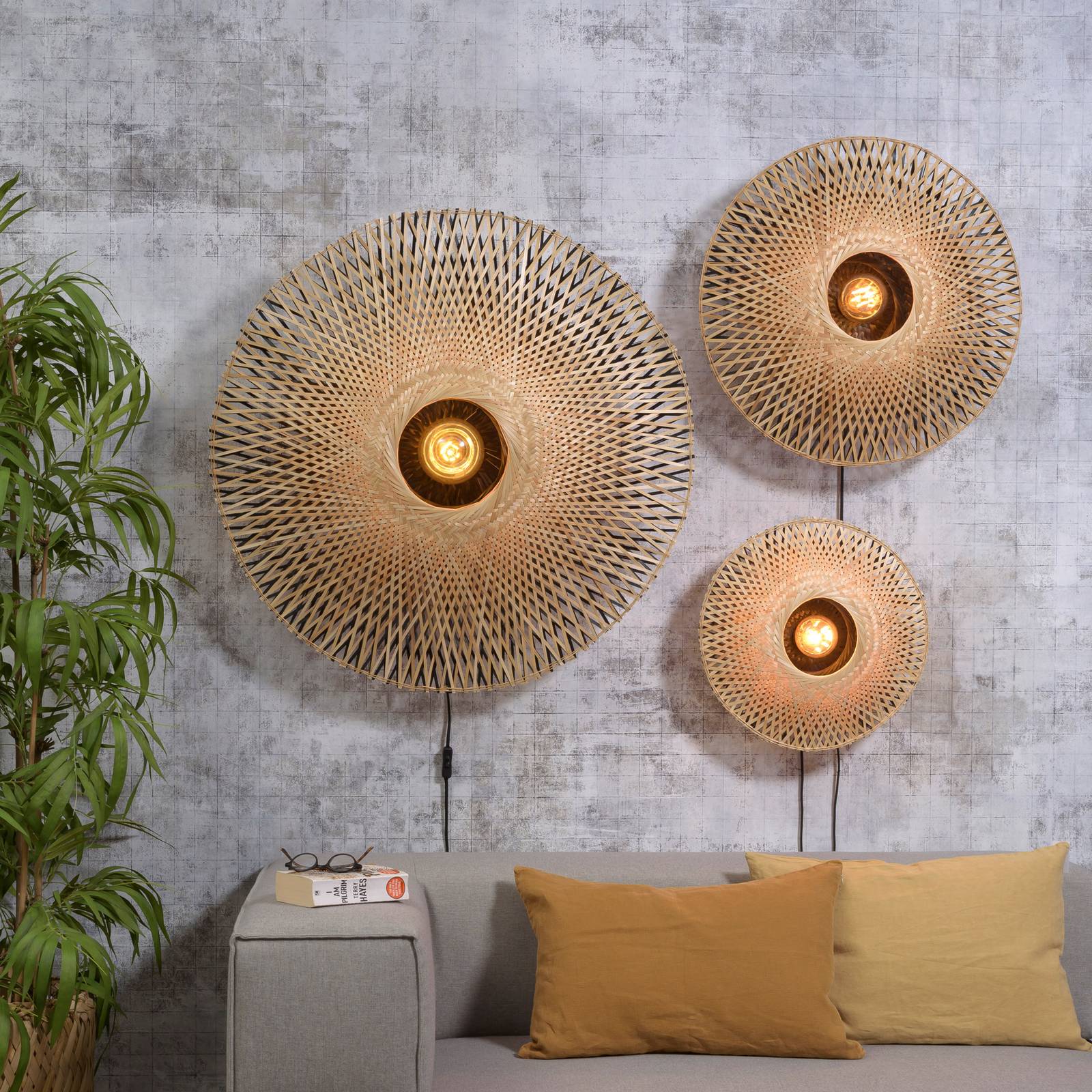 Good & Mojo GOOD MOJO Kalimantan stěna, přírodní/černá, Ø 60 cm, Obývací pokoj / jídelna, Bambus, železo, textil, E27, 60W - Image 4