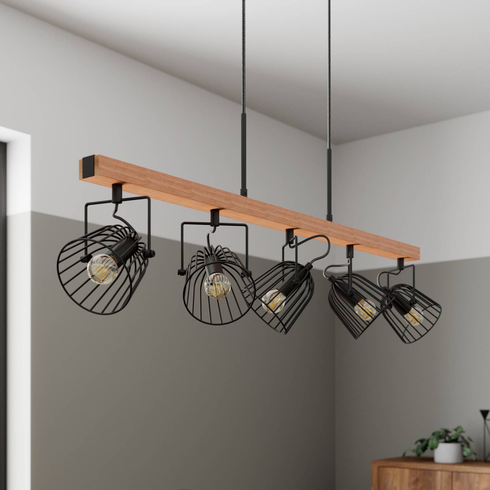 Lindby Adalin závěsné světlo, pět zdrojů, klec, Obývací pokoj / jídelna, dub, ocel, E14, 40W, P: 100 cm, L: 12 cm - Image 2