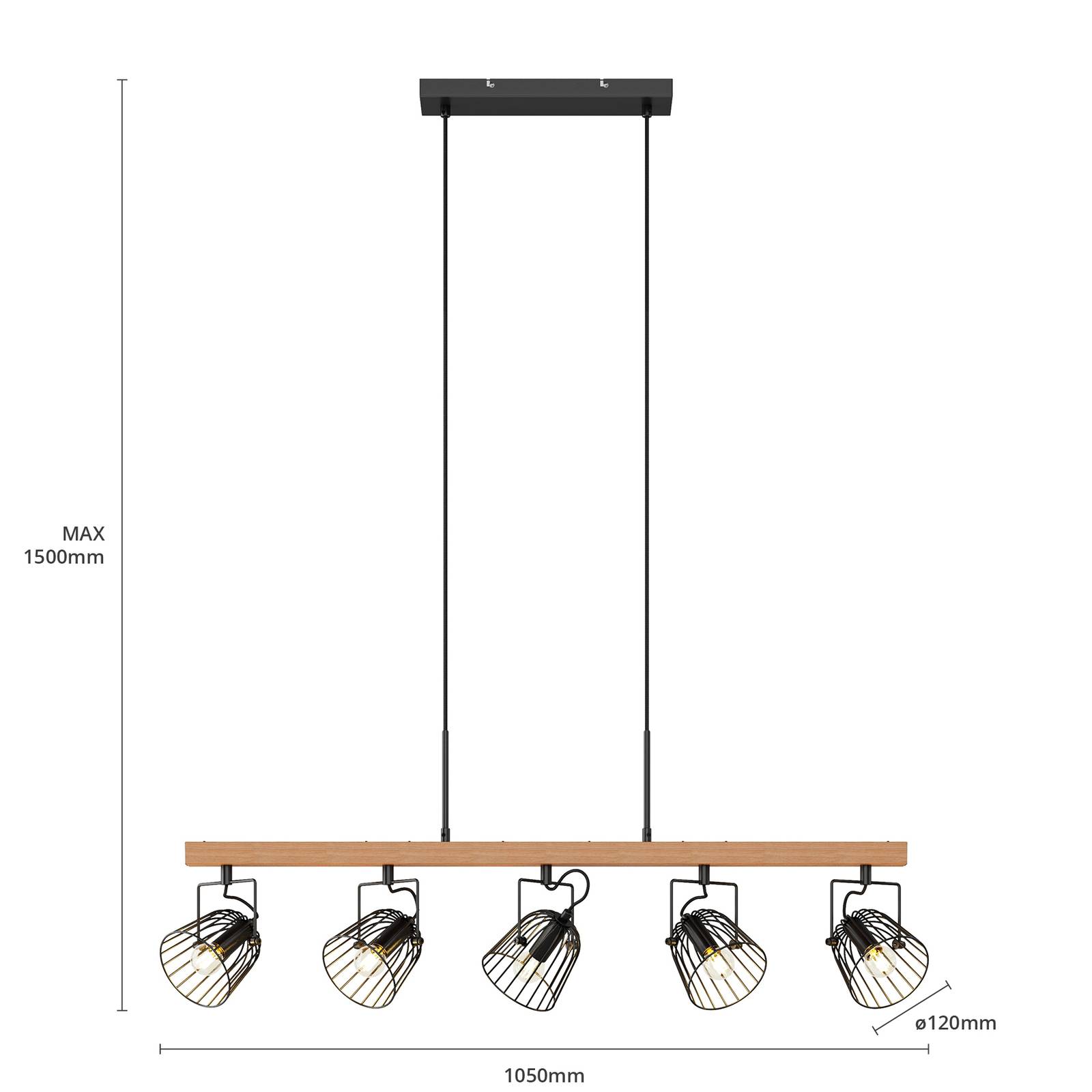 Lindby Adalin závěsné světlo, pět zdrojů, klec, Obývací pokoj / jídelna, dub, ocel, E14, 40W, P: 100 cm, L: 12 cm - Image 5