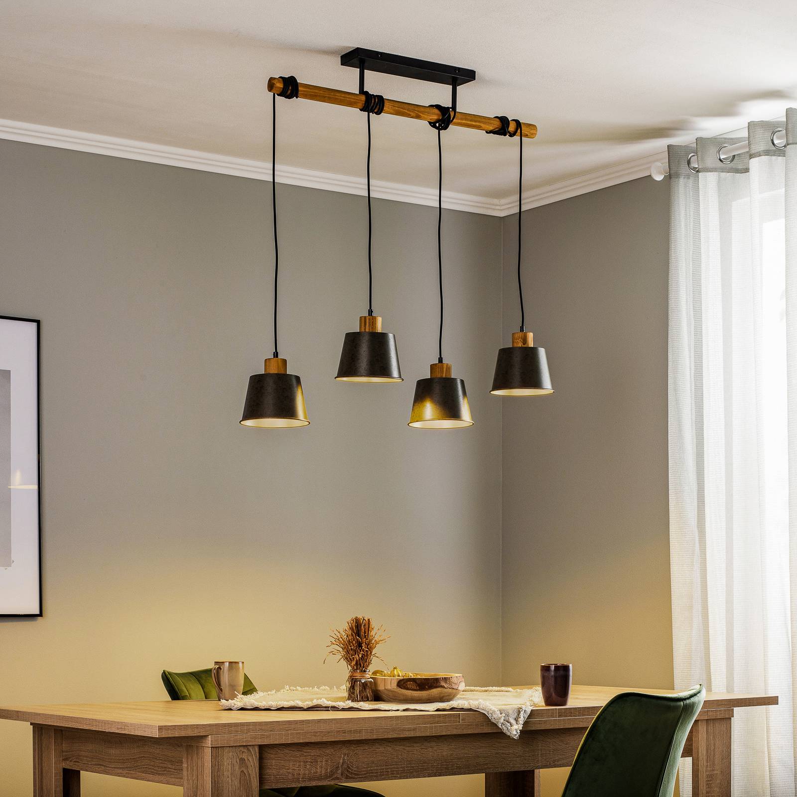 Svítidlo Lindby šedá/dřevo kov/borové dřevo