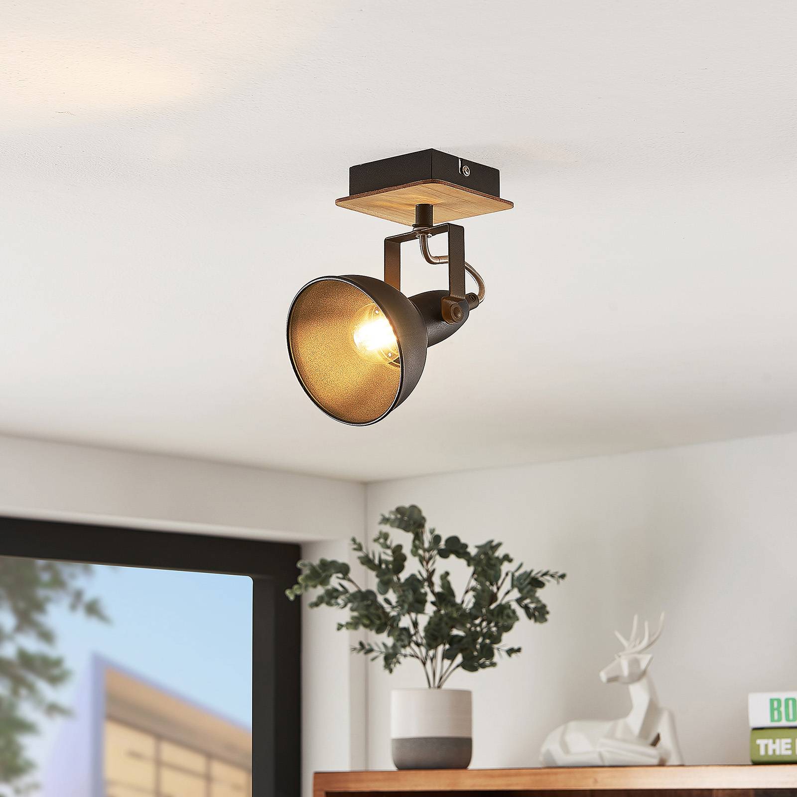 Lindby reflektor Aylis, černý, dřevo, výška 14 cm, E14, Obývací pokoj / jídelna, Ocel, dřevo, E14, 40W, L: 11 cm, K: 14cm - Image 2