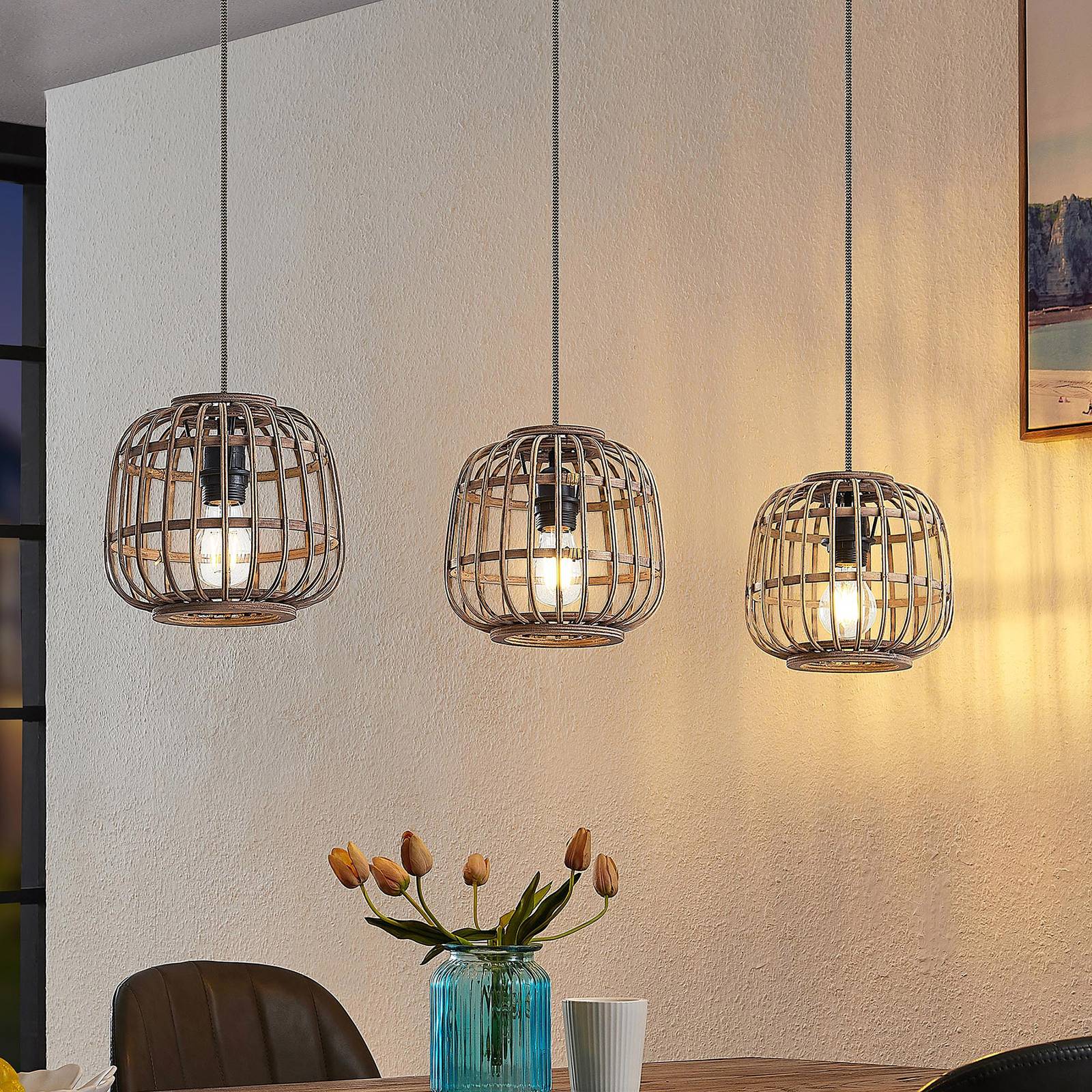 Svítidlo Lindby matná černá/světlé dřevo ratan/ocel