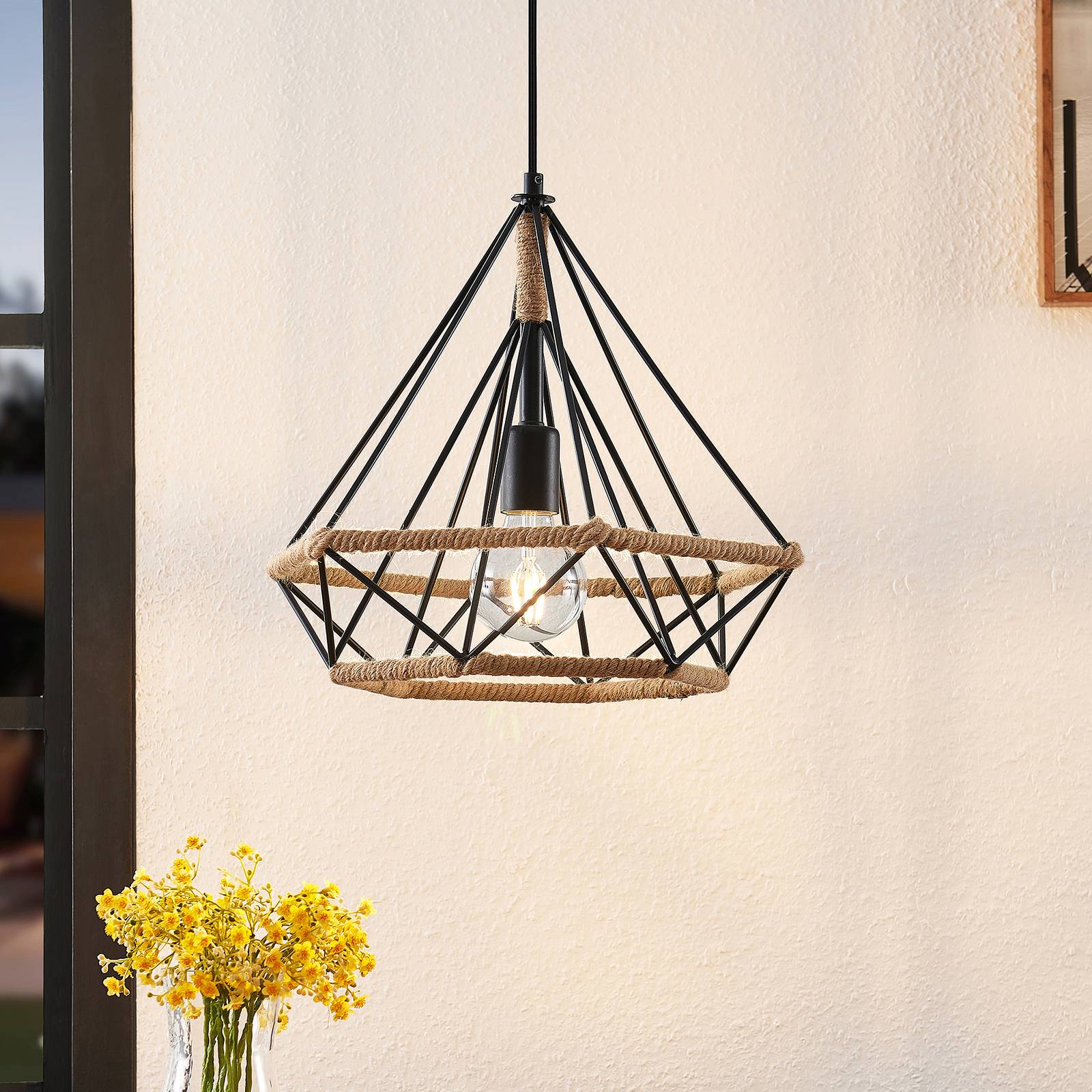 Svítidlo Lindby černý matný železo/konopné lano