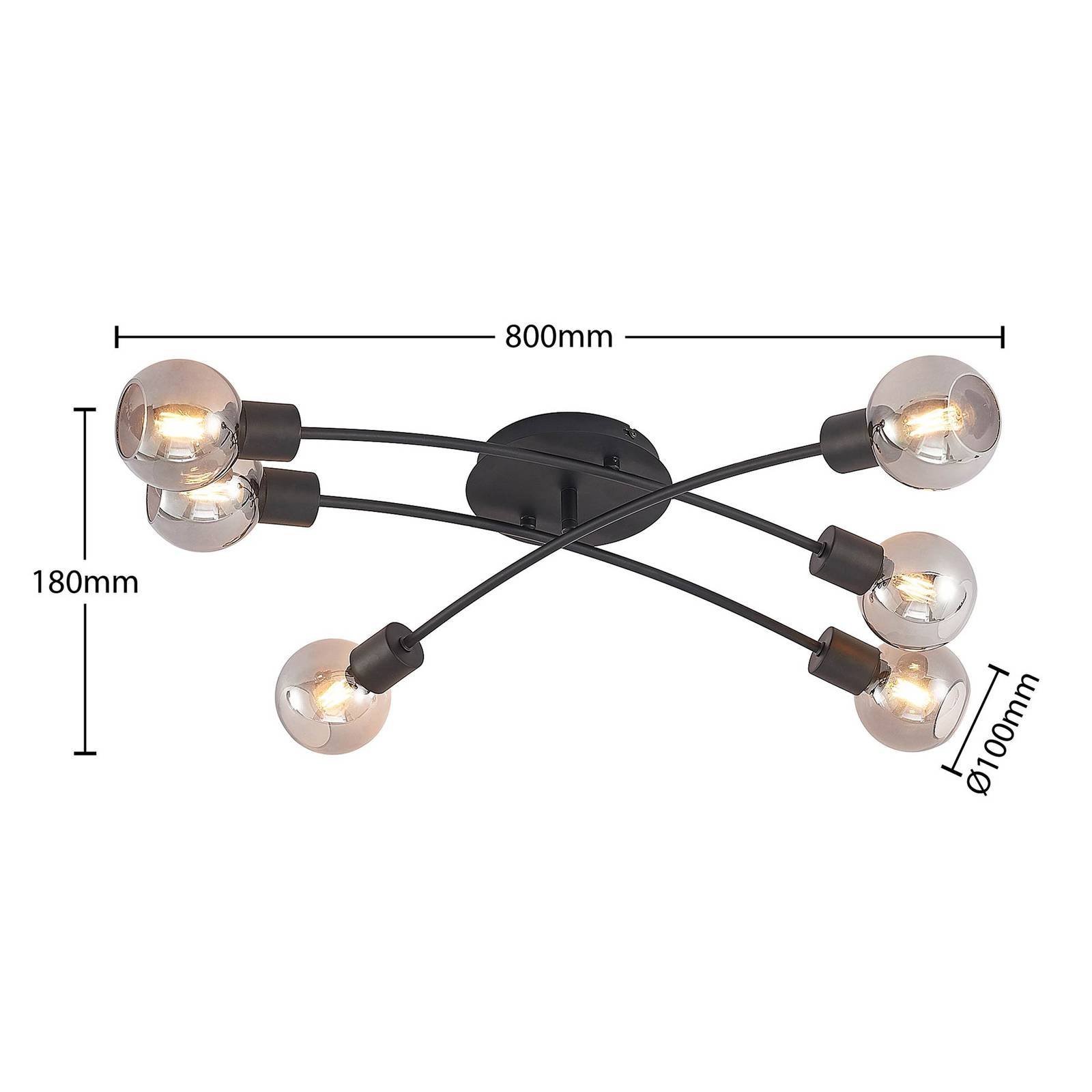 Lindby Eridia stropní světlo černá 6 zdroj křížené, Obývací pokoj / jídelna, ocel, kouřové sklo, E14, 4W, P: 72 cm, L: 80 cm, K: 18cm - Image 2