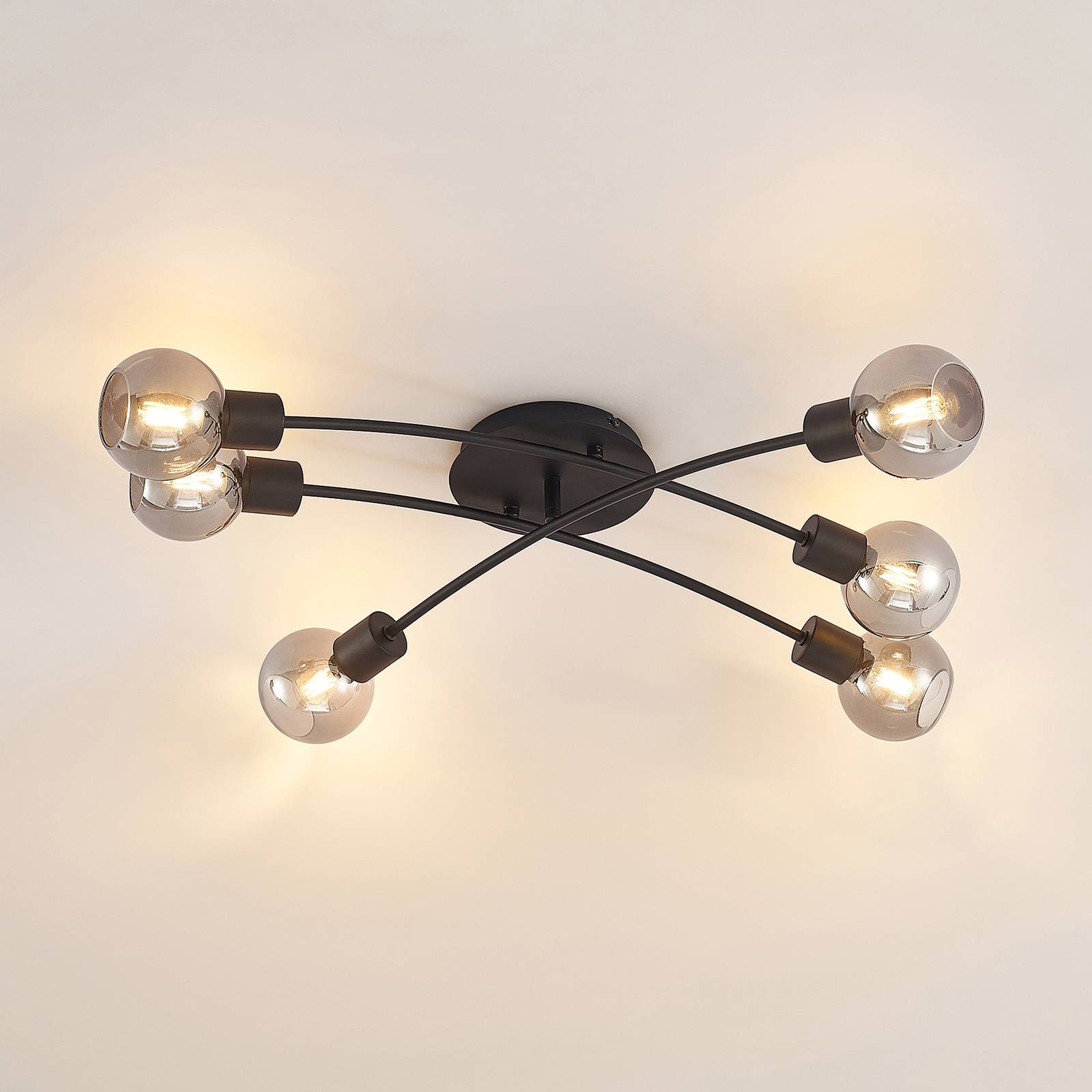 Lindby Eridia stropní světlo černá 6 zdroj křížené, Obývací pokoj / jídelna, ocel, kouřové sklo, E14, 4W, P: 72 cm, L: 80 cm, K: 18cm - Image 3