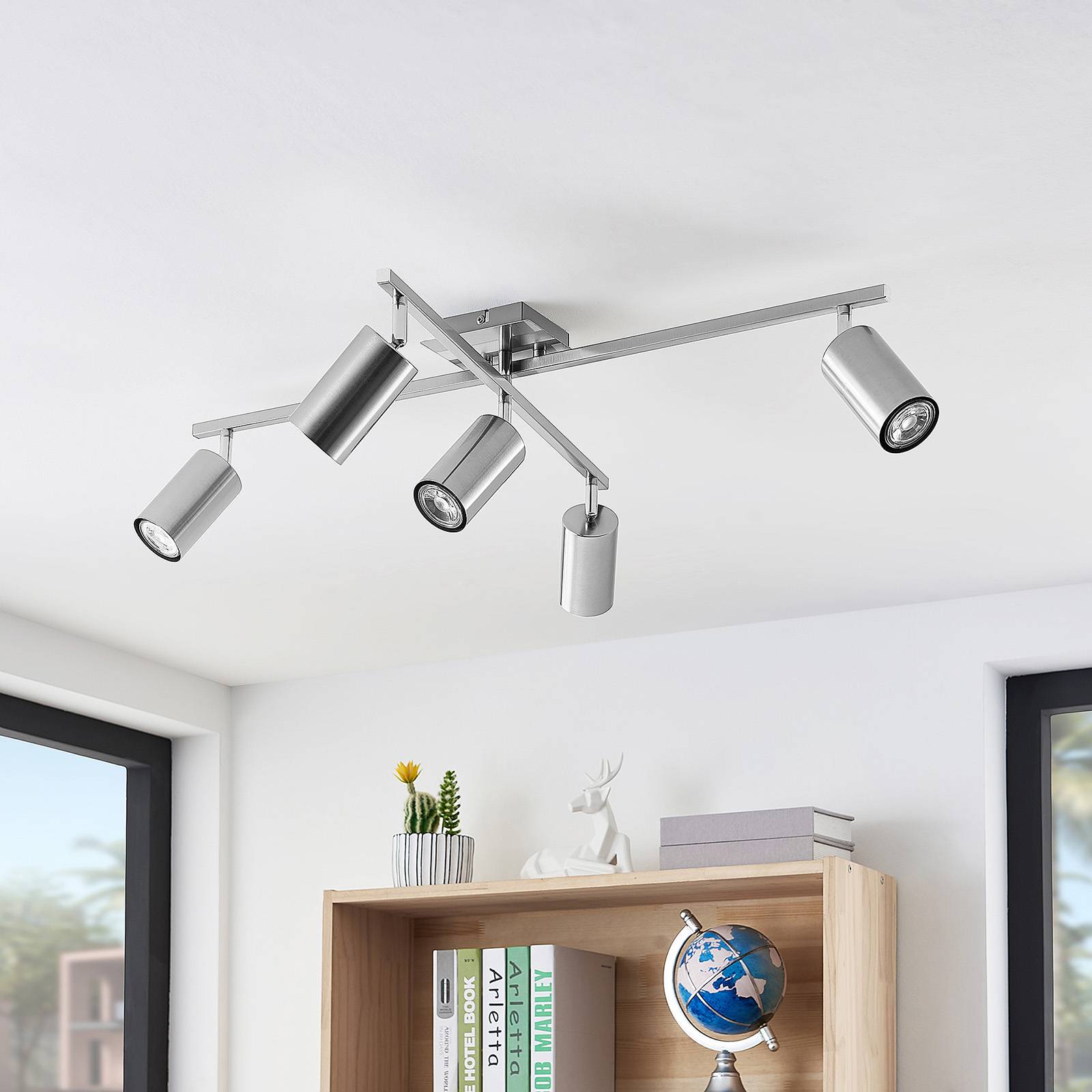 Lindby Joffrey stropní světlo, pět zdrojů, nikl, Obývací pokoj / jídelna, hliník, GU10, 35W, P: 77.5 cm, L: 57.5 cm, K: 22.5cm - Image 3