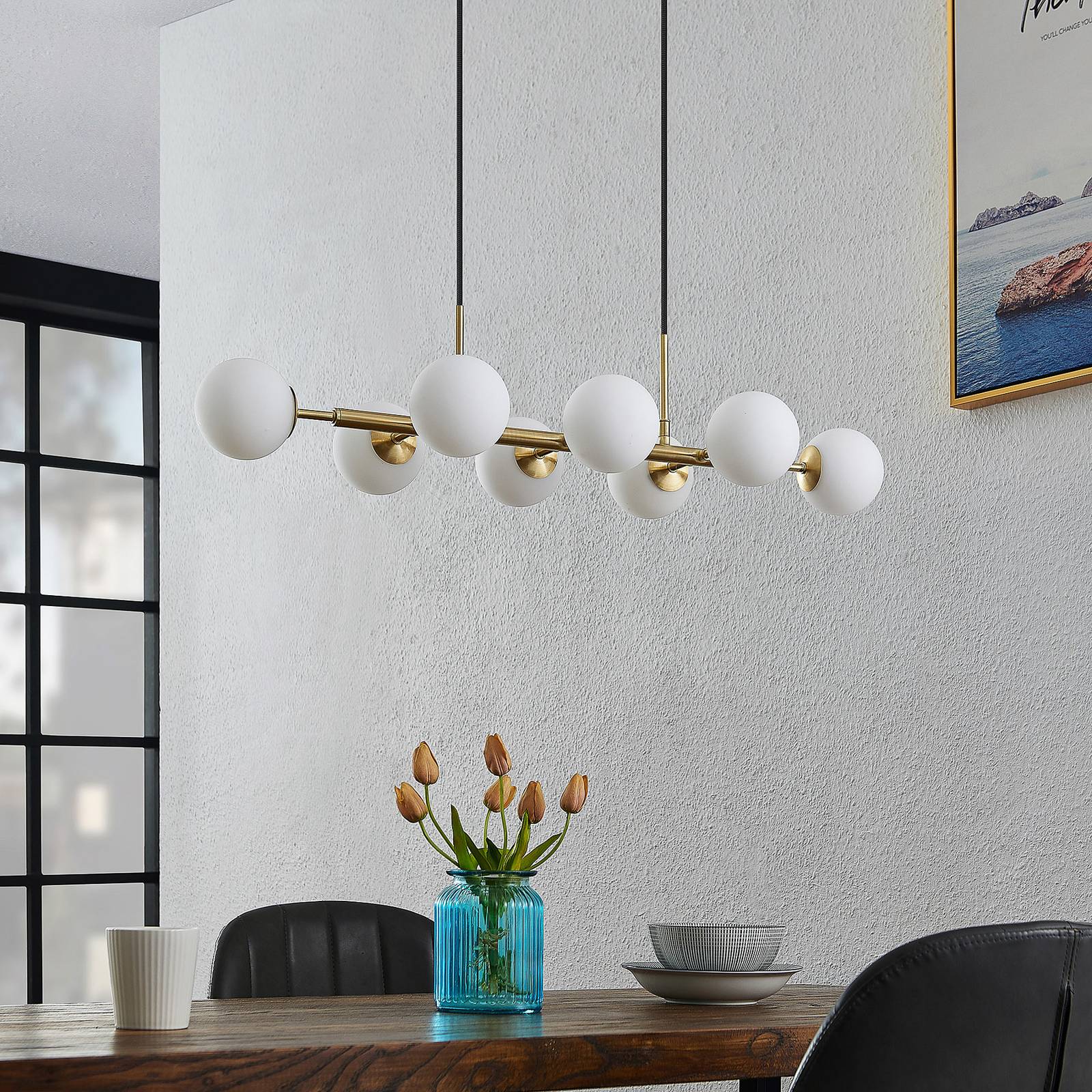 Lindby Závěsné svítidlo Kiamo se skleněným stínidlem, opál, Obývací pokoj / jídelna, Ocel, sklo, G9, 8W, P: 82.5 cm, L: 32.5 cm, K: 10cm - Image 2