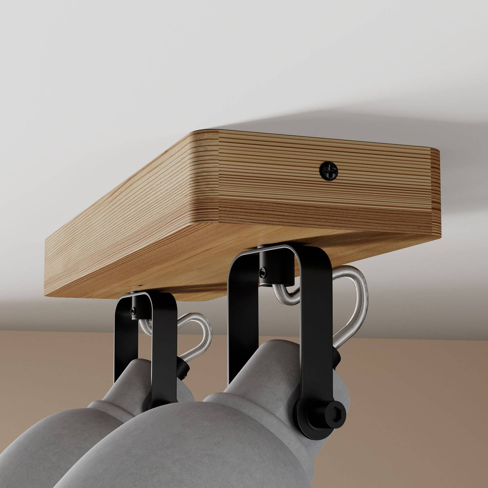 Lindby Mitis stropní světlo, borové dřevo 2 zdroje, Obývací pokoj / jídelna, borové dřevo, beton, GU10, 5W, P: 30 cm, L: 10 cm, K: 19cm - Image 4