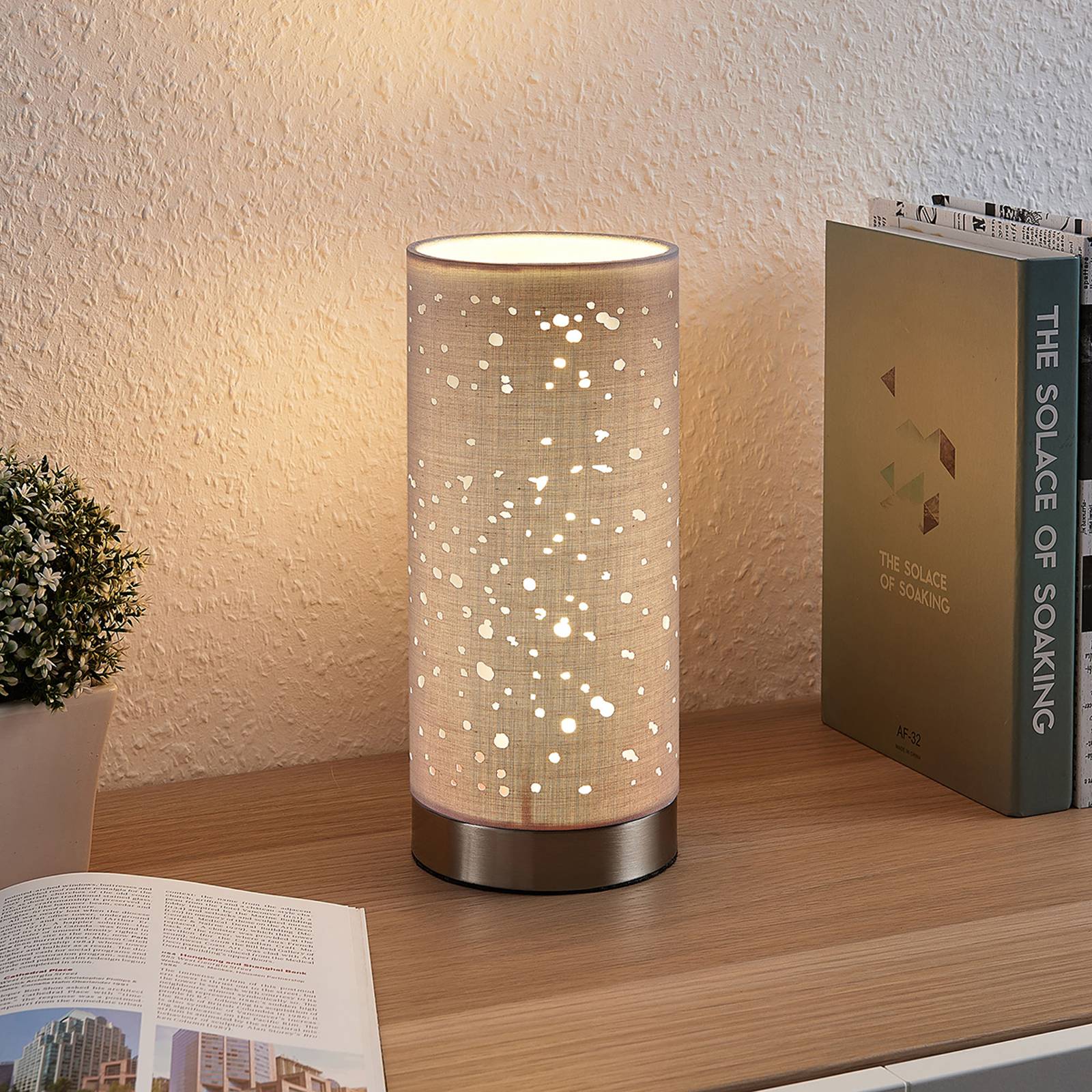 Lindby Stolní lampa Umma s malými otvory, šedá, Obývací pokoj / jídelna, látka, kov, E27, 60W, K: 25cm - Image 2