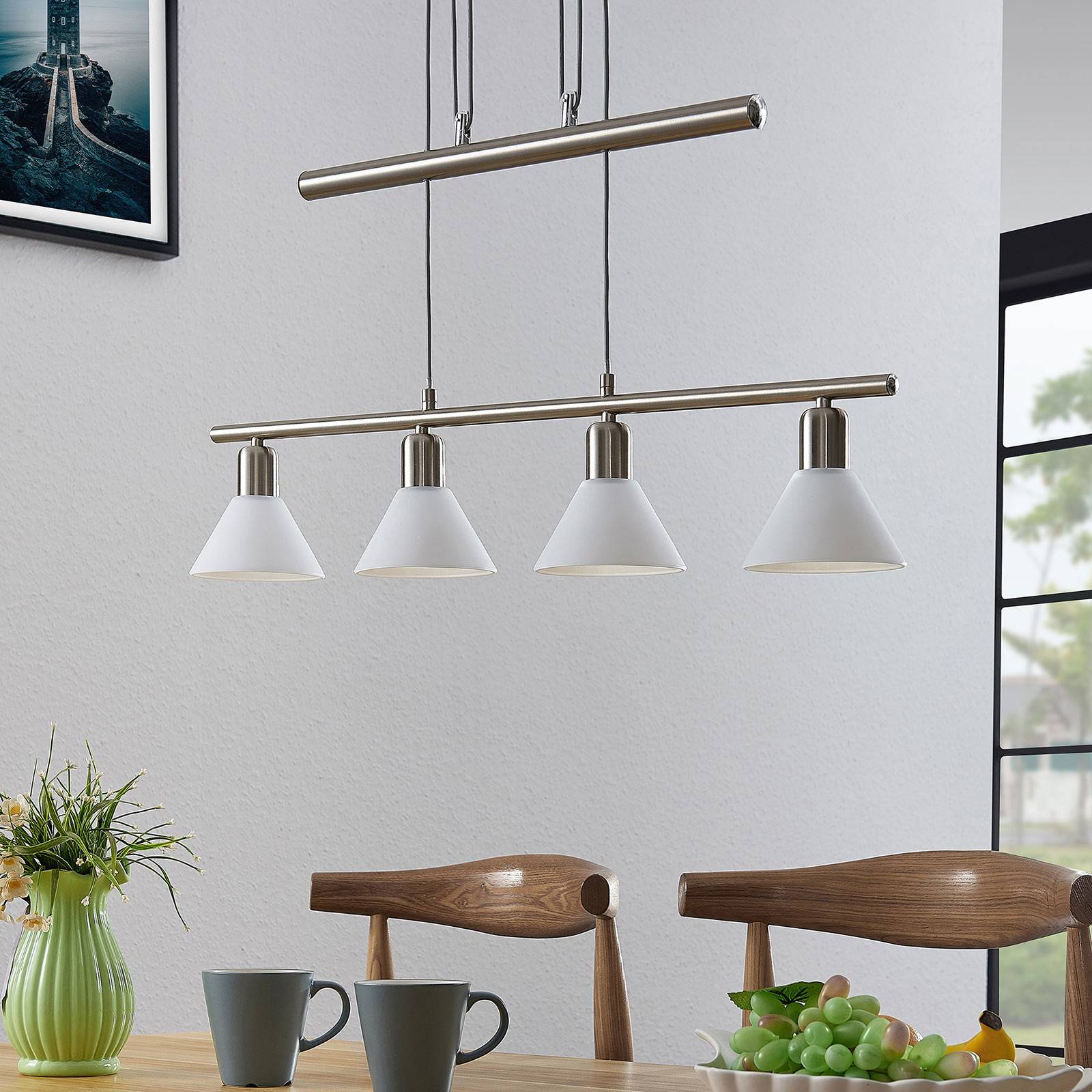 Lindby Závěsné světlo Delira, 4zdrojové, nikl, Obývací pokoj / jídelna, sklo, železo, E14, 40W, P: 75 cm, L: 12.5 cm, K: 14.5cm - Image 2