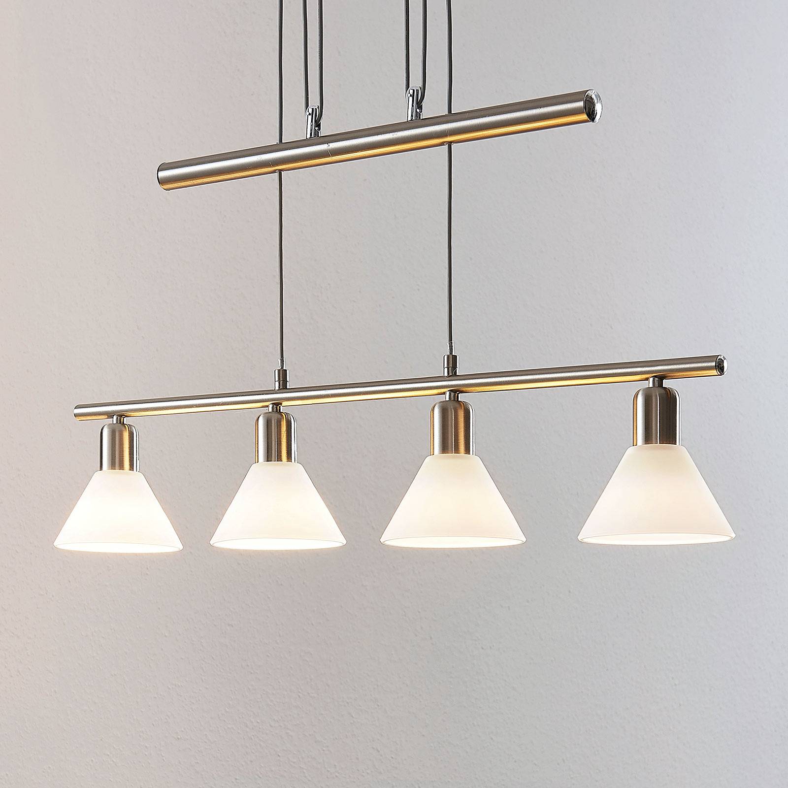 Lindby Závěsné světlo Delira, 4zdrojové, nikl, Obývací pokoj / jídelna, sklo, železo, E14, 40W, P: 75 cm, L: 12.5 cm, K: 14.5cm - Image 4