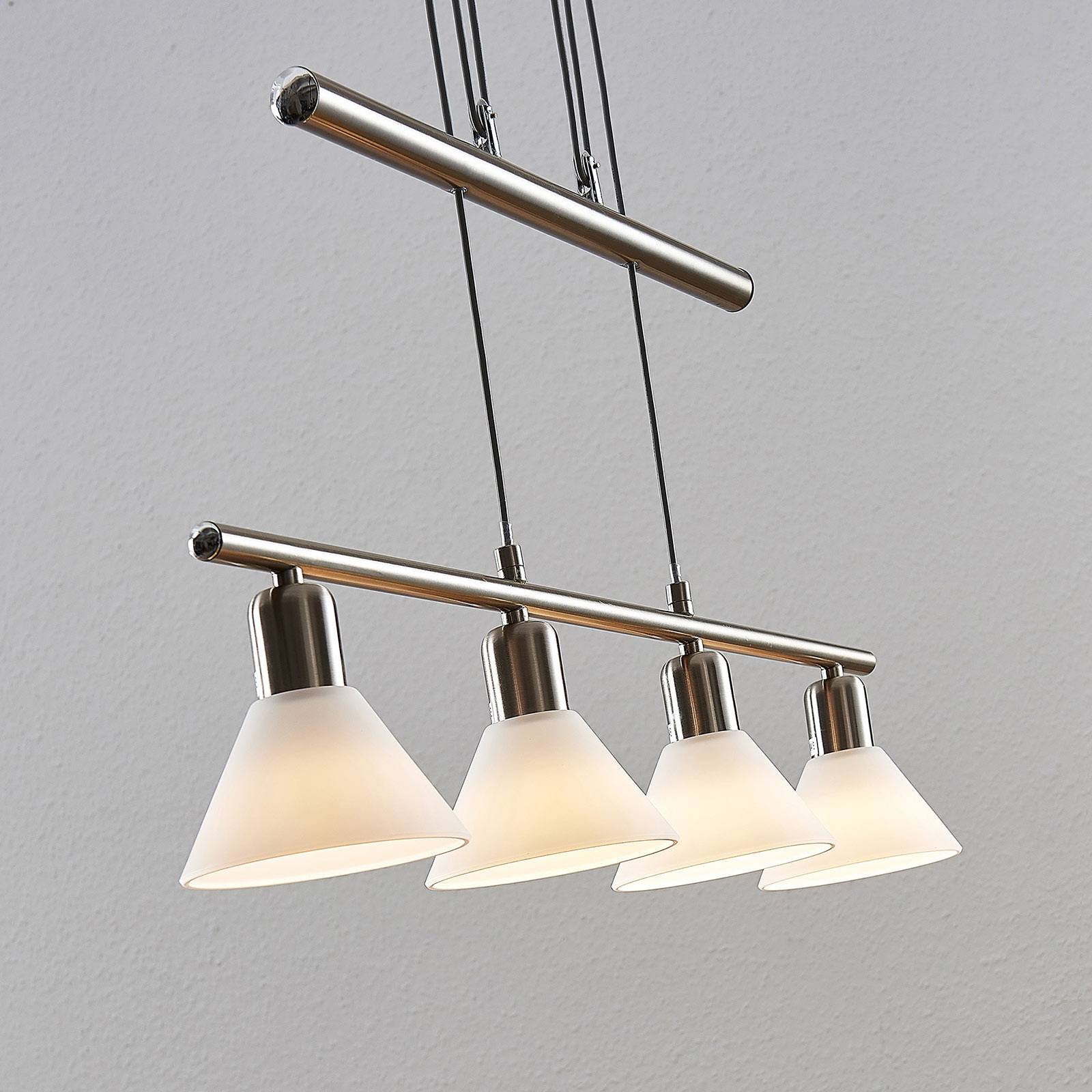 Lindby Závěsné světlo Delira, 4zdrojové, nikl, Obývací pokoj / jídelna, sklo, železo, E14, 40W, P: 75 cm, L: 12.5 cm, K: 14.5cm - Image 5