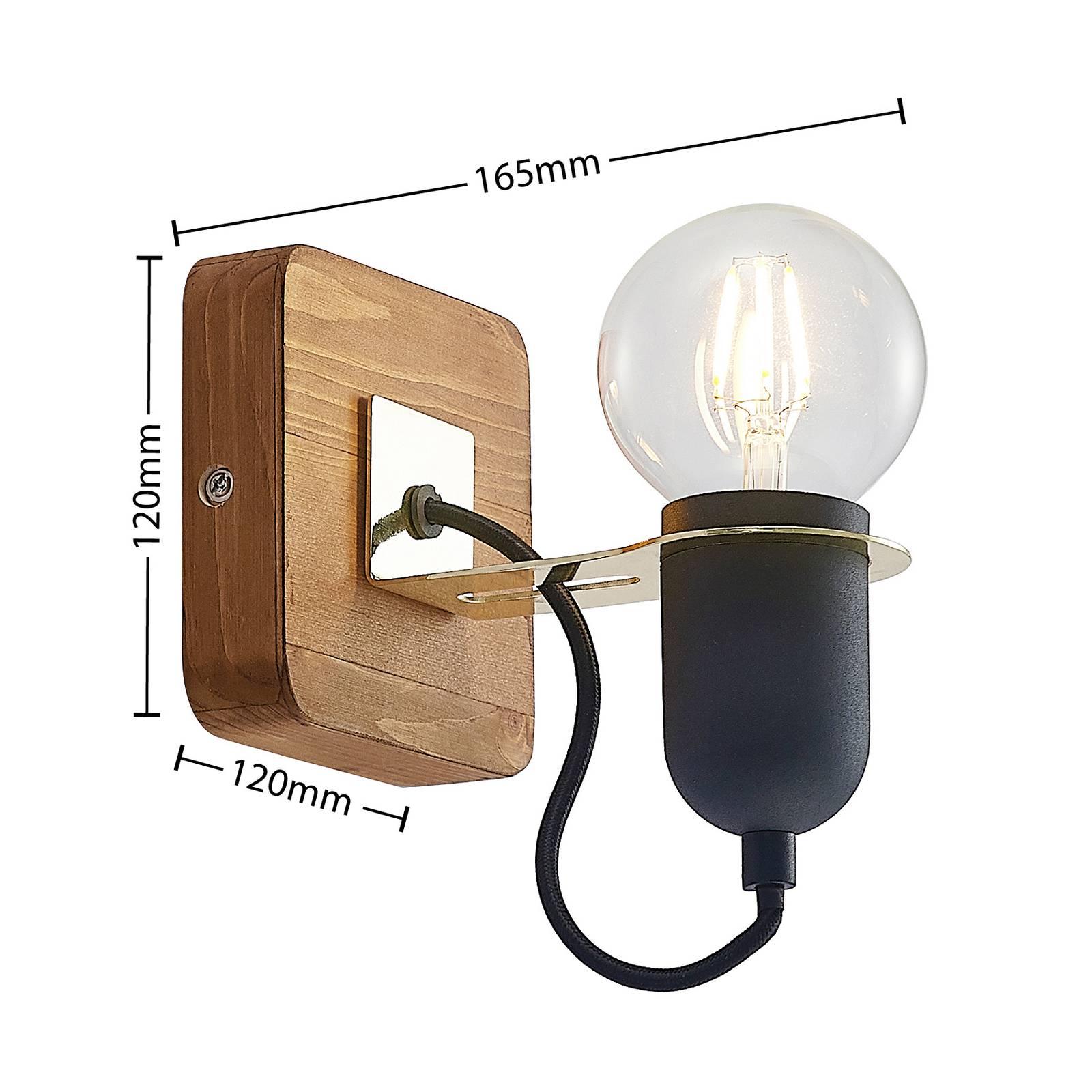 Lucande Becky nástěnné bodové světlo 1 zdroj černá, Obývací pokoj / jídelna, železo, borové dřevo, E27, 60W, L: 12 cm, K: 16.5cm - Image 2