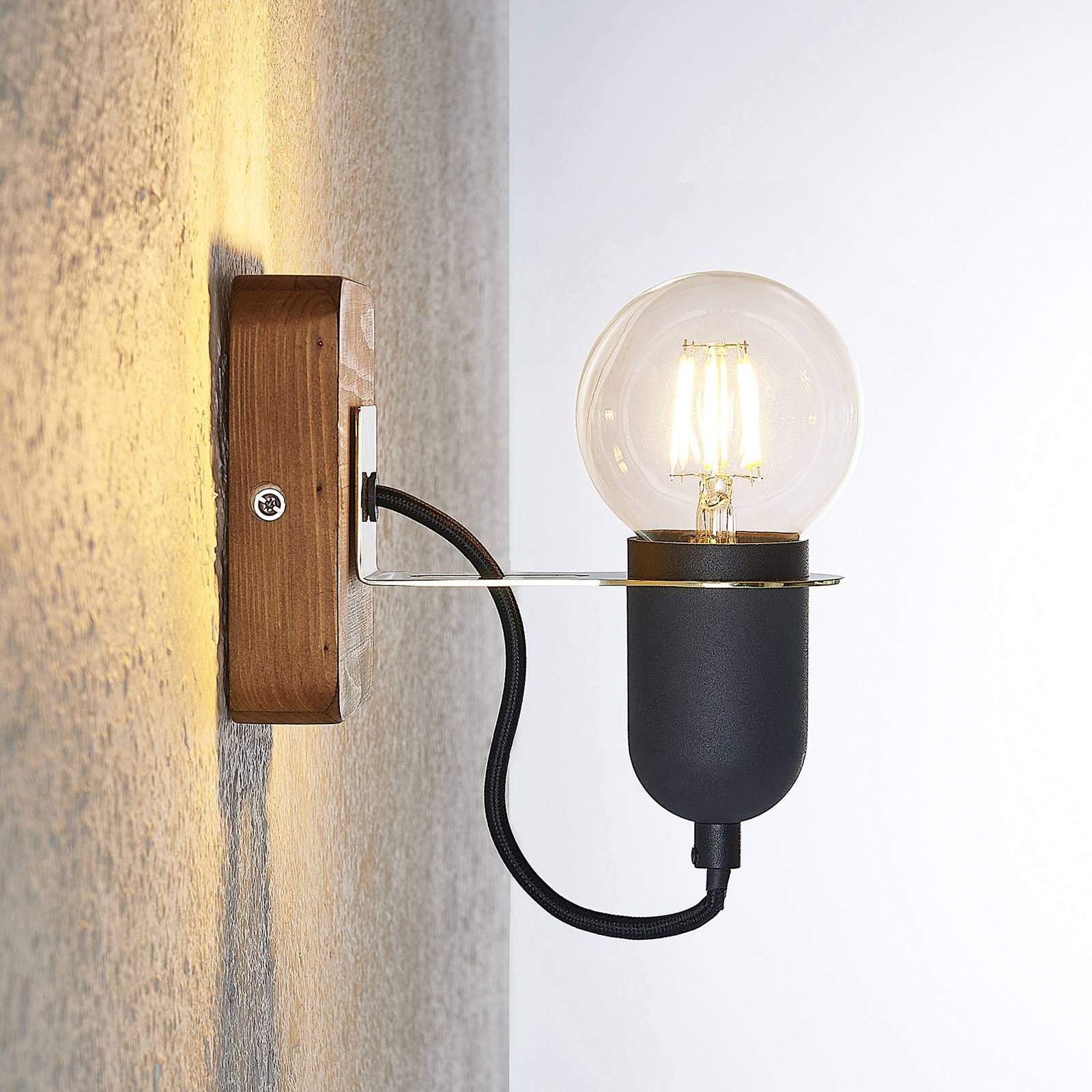 Lucande Becky nástěnné bodové světlo 1 zdroj černá, Obývací pokoj / jídelna, železo, borové dřevo, E27, 60W, L: 12 cm, K: 16.5cm - Image 5