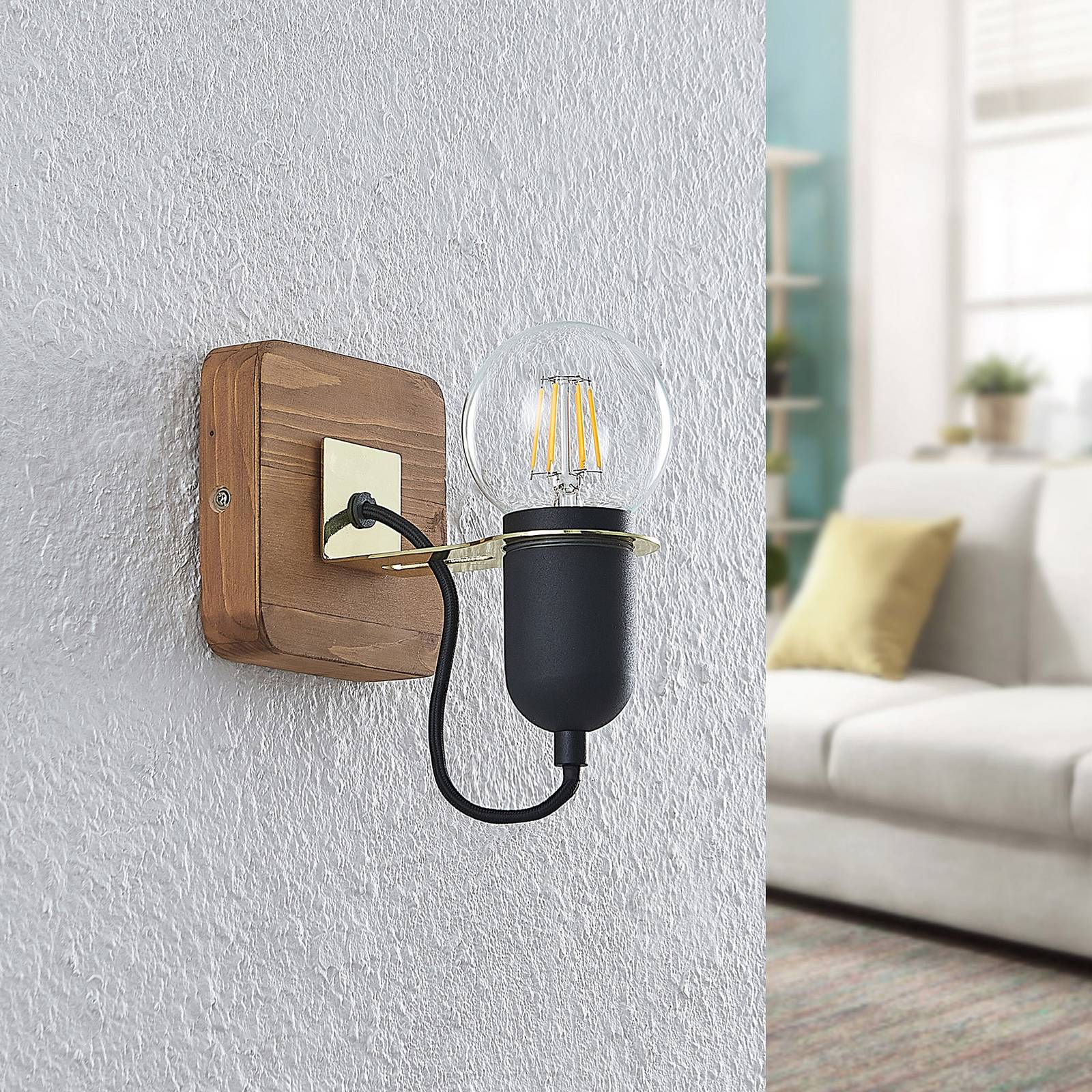 Svítidlo Lucande pískově černá/dřevo železo/borové dřevo