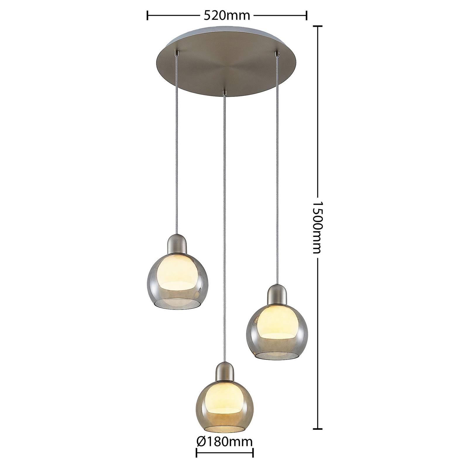 Lucande Kaiya závěsné světlo 3 zdroje Ø18cm kulaté, Obývací pokoj / jídelna, železo, sklo, E27, 60W - Image 3