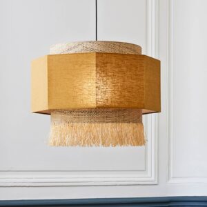 Svítidlo MARKET SET kari žlutá/přírodní béžová lněná textilie/vlákno banánovníku/palmové vlákno (raffia)/textil/kov