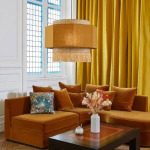 Svítidlo MARKET SET kari žlutá/přírodní béžová lněná textilie/vlákno banánovníku/palmové vlákno (raffia)/textil/kov