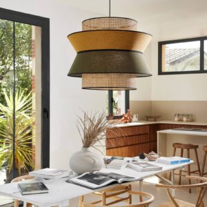 Svítidlo MARKET SET khaki/bílá/světlé dřevo/černá textilie/ratan/kov