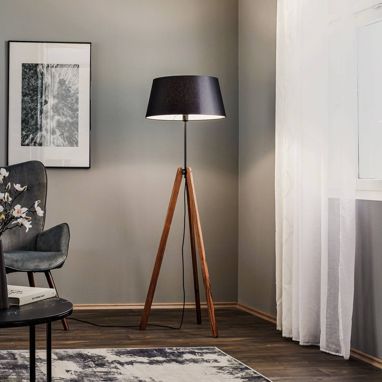 Svítidlo Rothfels ořech/černá vrstvené dřevo/chintz/železo/hliník