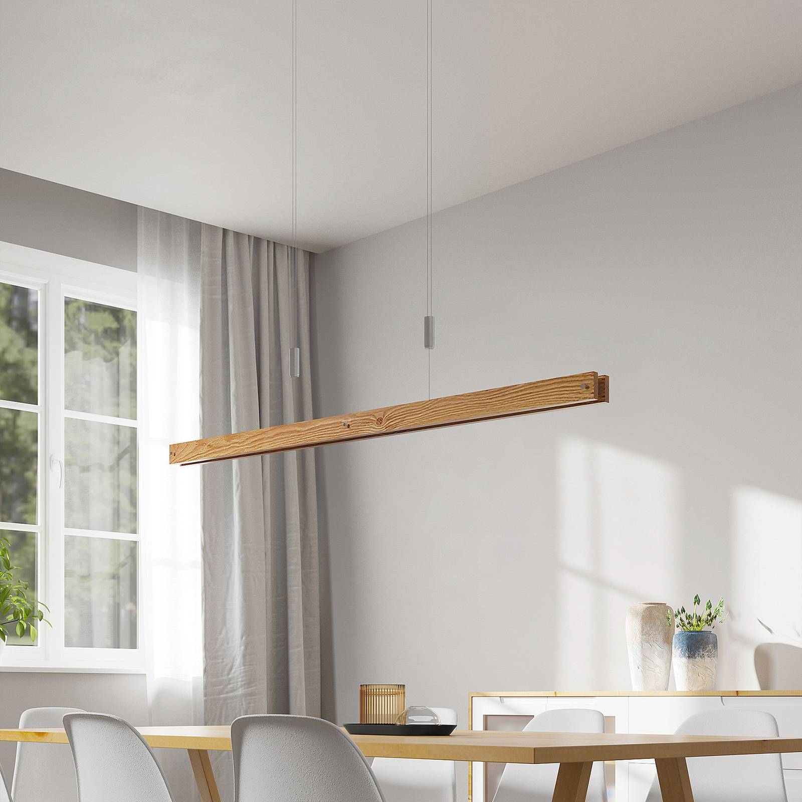 Lindby Alimara LED dřevěné závěsné světlo, 138 cm, Obývací pokoj / jídelna, kov, dubové dřevo, 35W, P: 138 cm, L: 5 cm, K: 5cm - Image 2