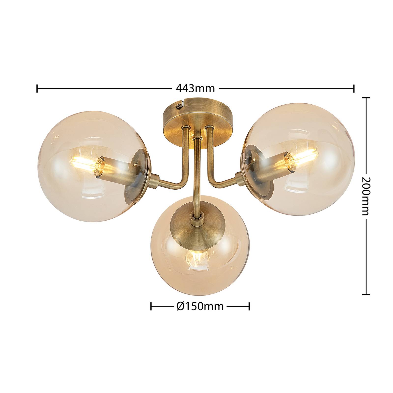 Lindby Arnella stropní světlo, mosaz, jantar, Obývací pokoj / jídelna, železo, sklo, E14, 10W, K: 20cm - Image 2