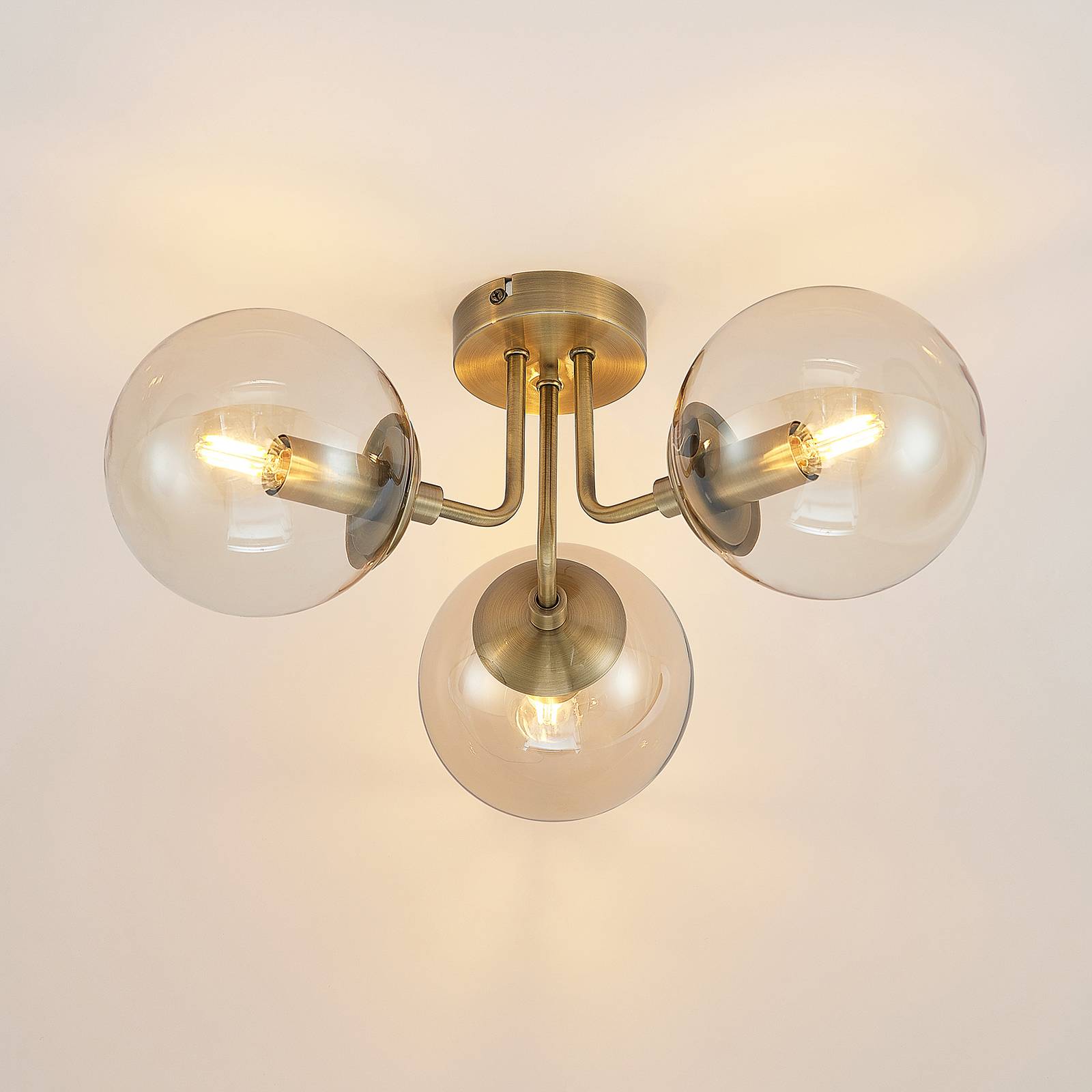 Lindby Arnella stropní světlo, mosaz, jantar, Obývací pokoj / jídelna, železo, sklo, E14, 10W, K: 20cm - Image 3