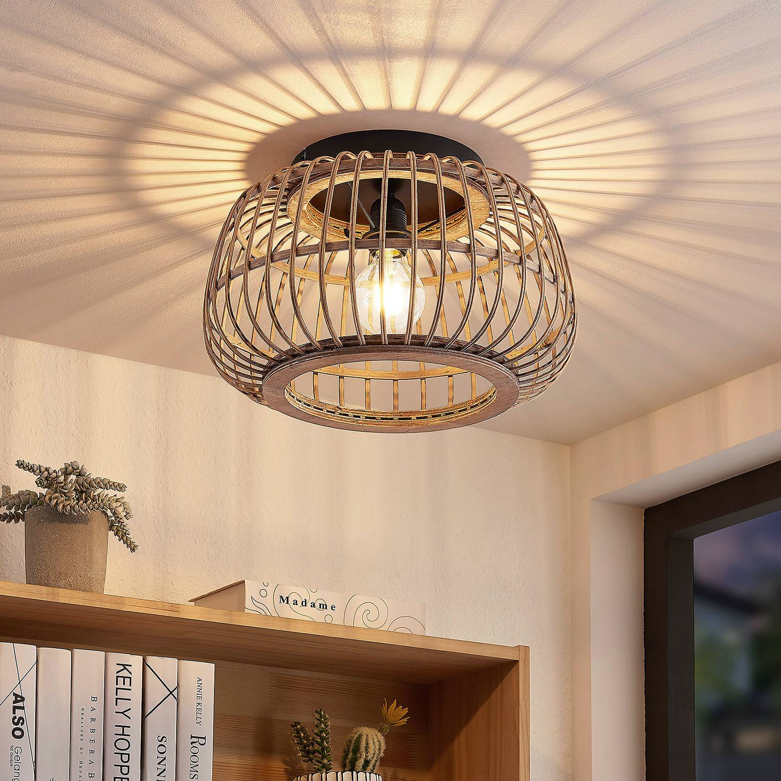 Svítidlo Lindby matná černá/světlé dřevo ratan/ocel