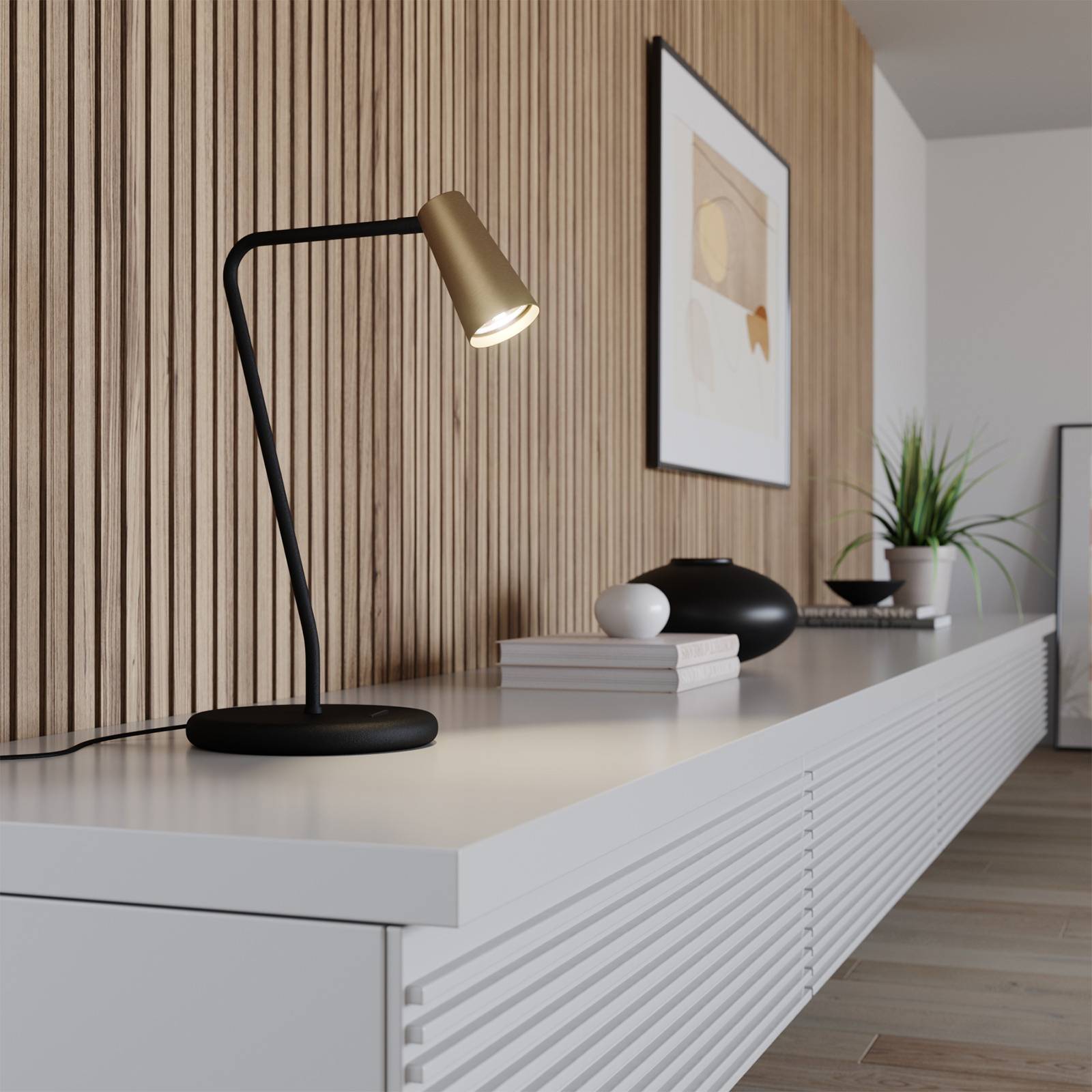 Lucande Angelina stolní lampa, mosaz-zlatá, Pracovna / kancelář, kov, GU10, 8W, L: 20 cm, K: 42cm - Image 2