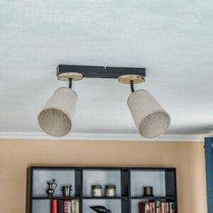 Svítidlo Lamkur černá/světlé dřevo/béžová ocel/dřevo/textil