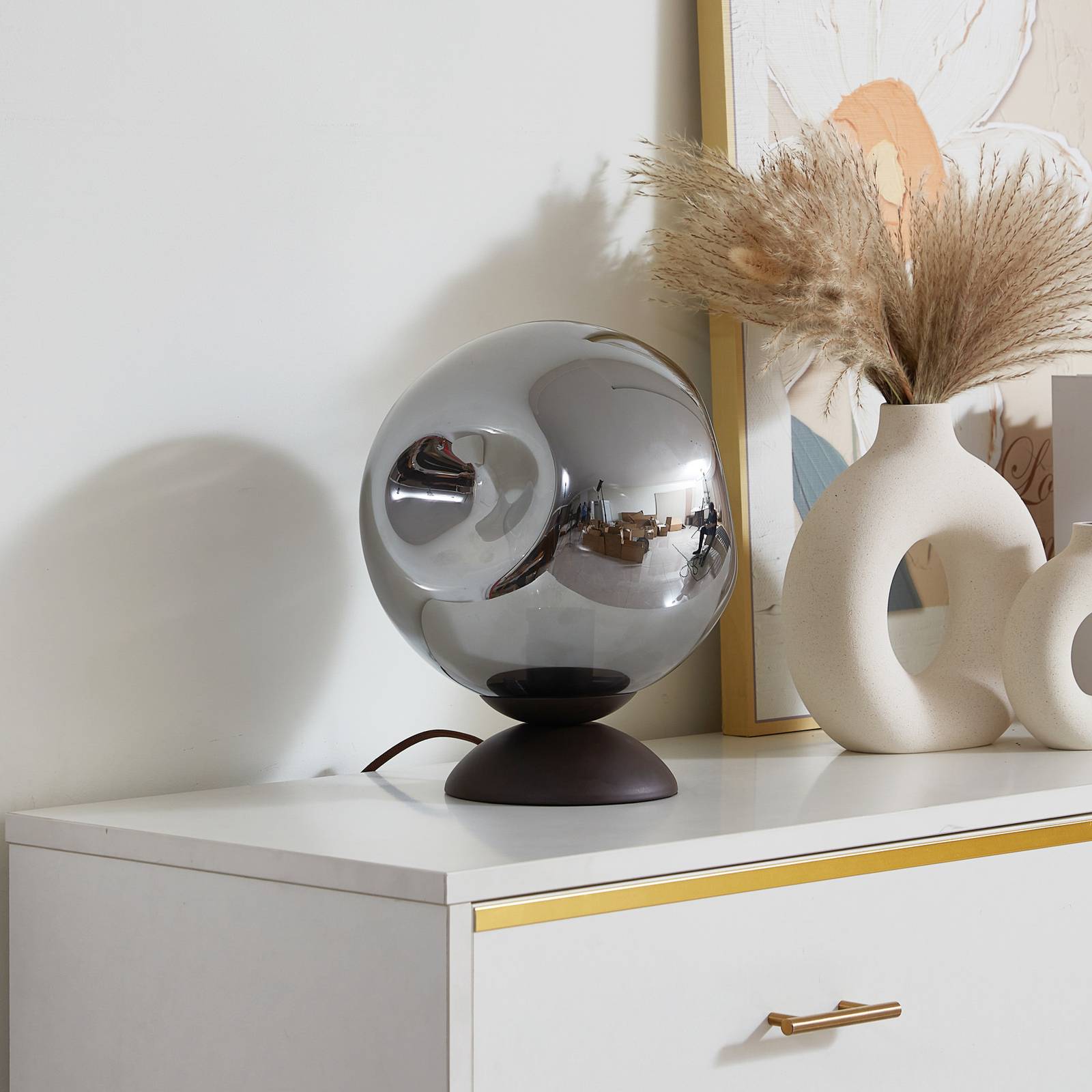 Lindby Stolní lampa Valentina, E27, kouřově šedá, sklo, Ø 25 cm, Chodba, Železo, sklo, E27, 15W, K: 30cm - Image 2