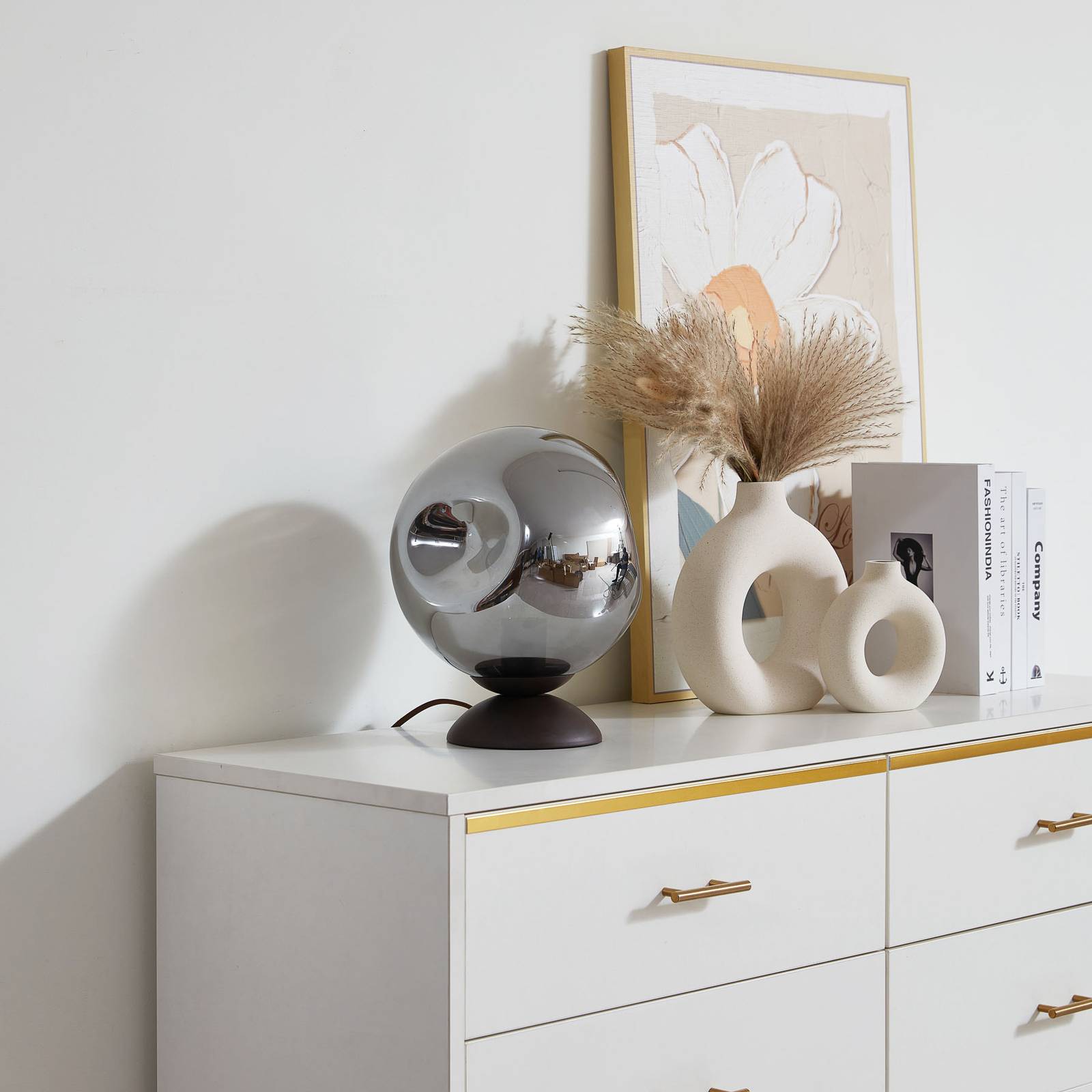 Lindby Stolní lampa Valentina, E27, kouřově šedá, sklo, Ø 25 cm, Chodba, Železo, sklo, E27, 15W, K: 30cm - Image 3