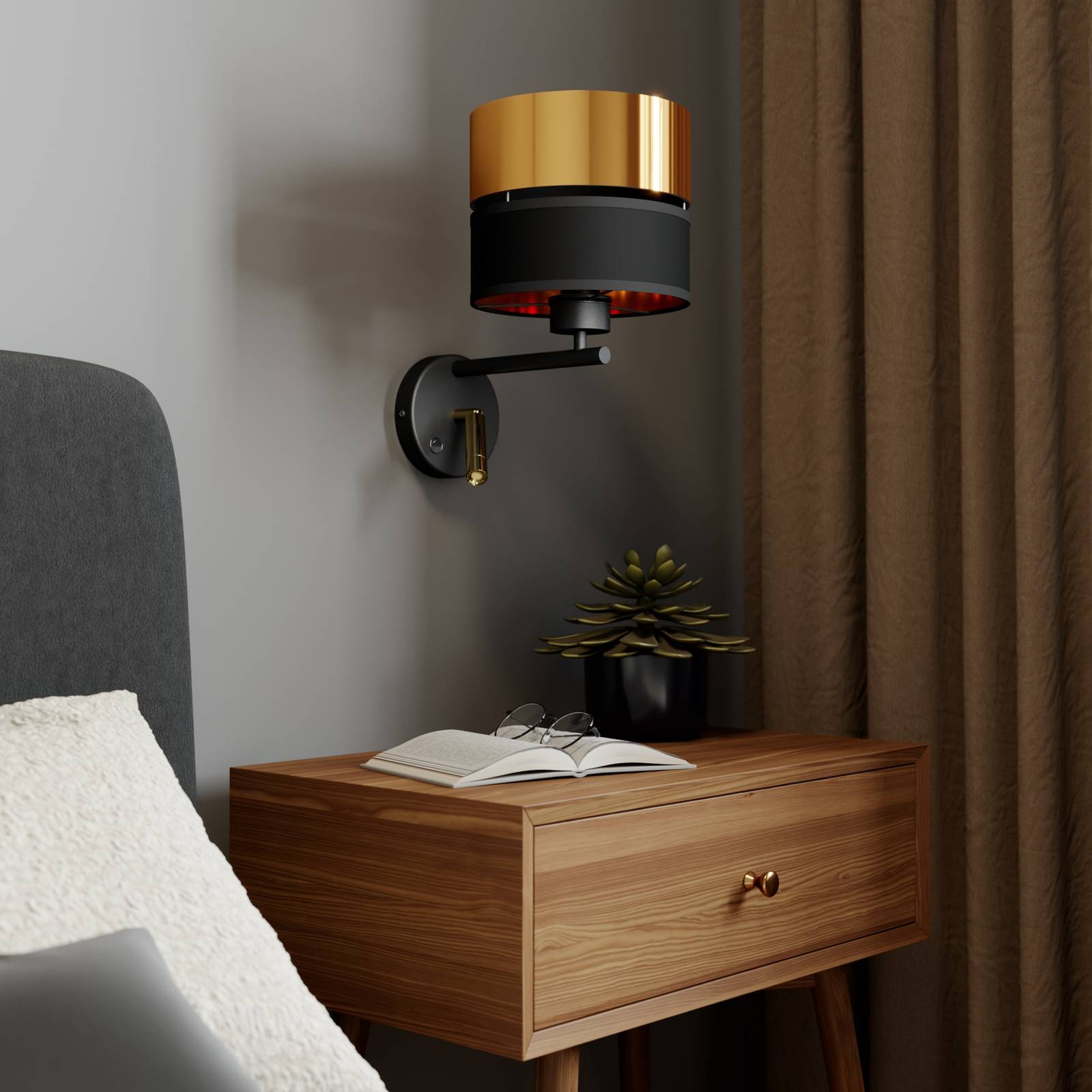 TK Lighting Nástěnné svítidlo Hilton černé/zlaté s LED světlem na čtení, Obývací pokoj / jídelna, Textil, kov, E27, 60W, L: 20 cm, K: 34cm - Image 3