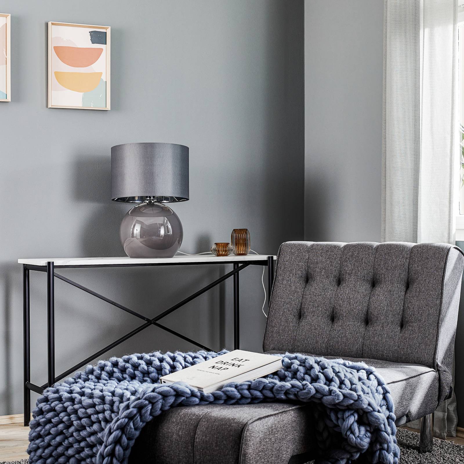 TK Lighting Stolní lampa Palla, Ø 36 cm, šedá/grafitová, Obývací pokoj / jídelna, Sklo, tkanina, kov, plast, E27, 60W, K: 54cm - Image 3