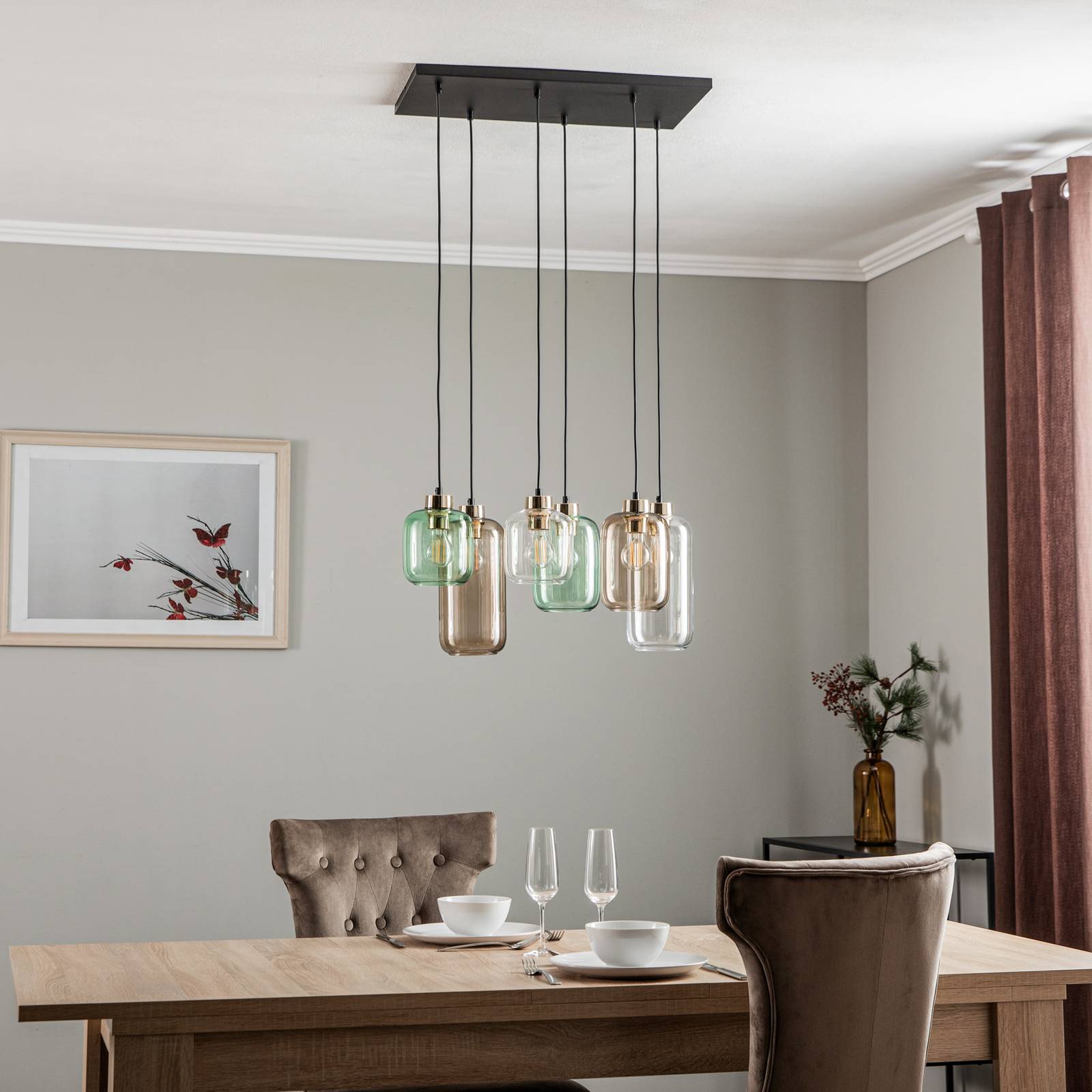 TK Lighting Závěsné svítidlo Marco Green, 6 světel čirá/zelená/hnědá, Obývací pokoj / jídelna, Sklo, kov, plast, E27, 60W, P: 65 cm, L: 35 cm - Image 3