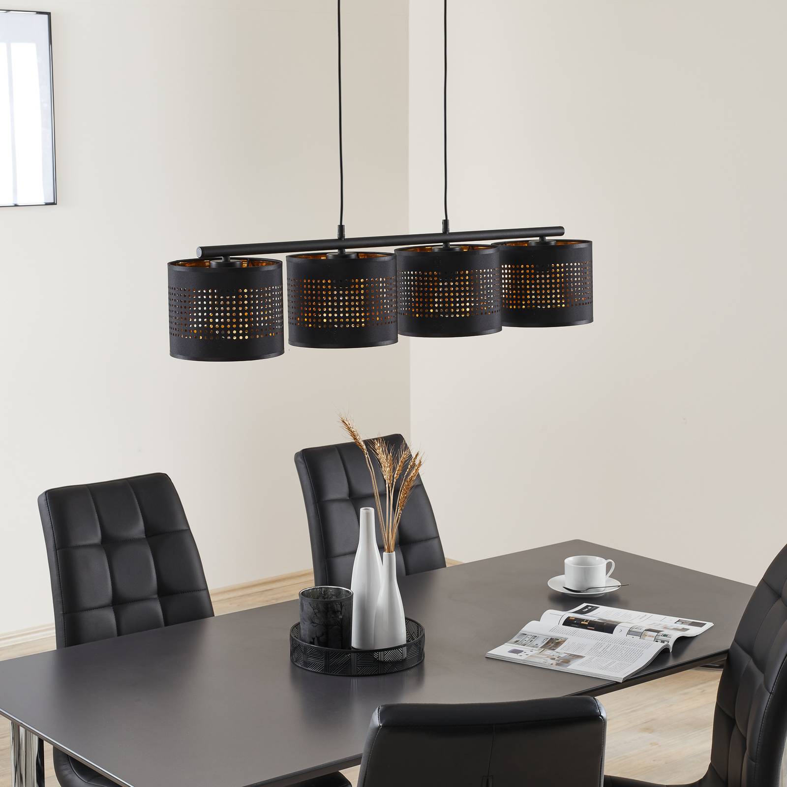 TK Lighting Závěsné svítidlo Tago, čtyřsvětlo, černá/zlatá, Obývací pokoj / jídelna, Kov, E27, 60W, P: 90 cm, L: 20 cm - Image 3
