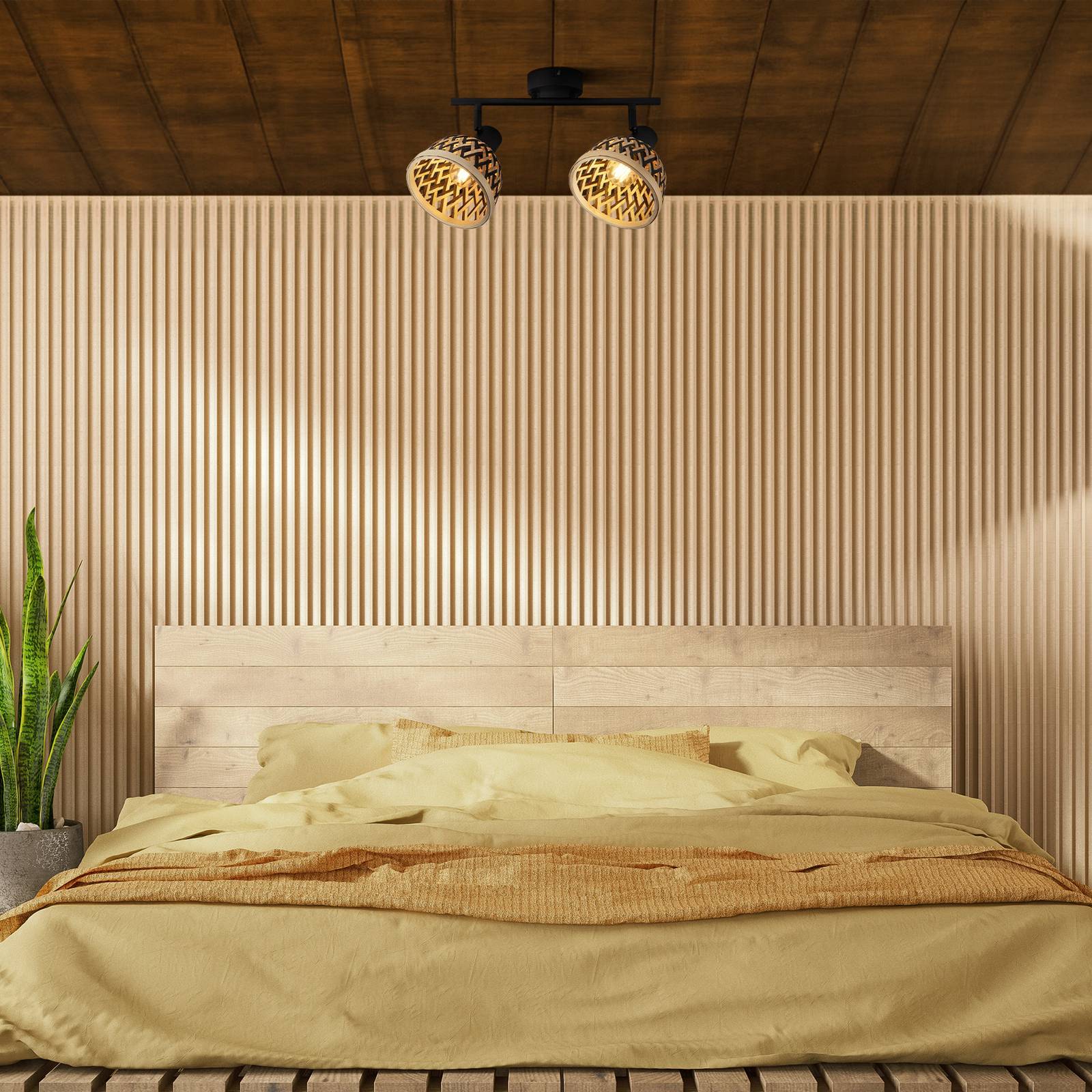 Svítidlo Searchlight černá/světlé dřevo Ocel/bambus